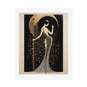 Luxurious flapper-style figure with bobbed hair and statement jewelry, surrounded by gold circles and vertical lines against a dark backdrop.