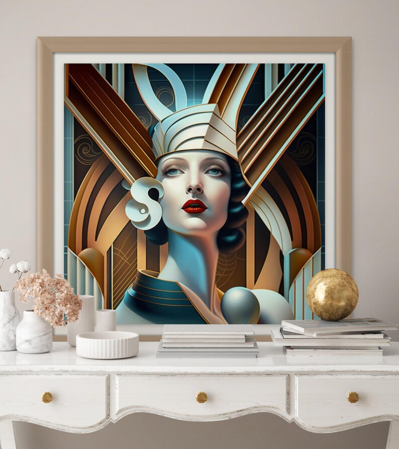 Contemporary Minimalist Lady Portrait Geometric Art Deco Design Muted Colors Bold Modern Abstract Print Printable Wall Art Digital Download Files Instant Access Home Office Gift Feminine Figure Illustration Stylish Interior