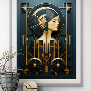 Art Deco Geometrical Design Print of Women's Profile on Muesum Quality ...