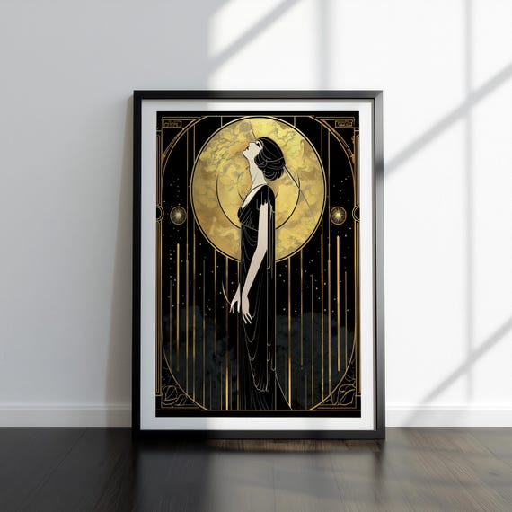 Statement Wall Art Deco Print Vintage Woman Black Gold Bedroom Design Living Room Office Hanging Glamour Illustration Retro Lady Elegant