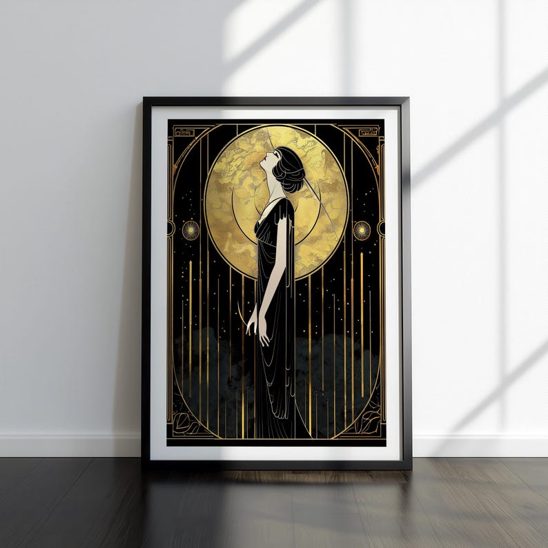 Art Deco Wall Art Vintage Glamour Woman Print Black Gold Illustration Retro Lady Portrait Elegant Bedroom Wall Art Statement Piece Modern Luxury Interior Styling Hanging Art Timeless Design Sophisticated Accent Classic Vintage Style