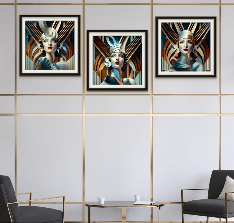 Modern Abstract Lady Portrait Geometric Art Deco Print Muted Color Palette Bold Design Elements Minimalist Wall Art Printable Files Digital Download Instant Access Contemporary Home Office Gift Feminine Figure Illustration Stylish