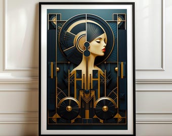 Impression Art déco noir or géométrique portrait illustration des années 1920 mode affiche vintage glamour oeuvre d'art murale élégante femme suspendue