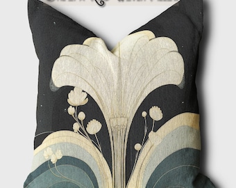 Art Nouveau Woven Pillow Black Gold Floral Cushion Teal Botanical Throw Pillow Vintage Glamour Home Decor
