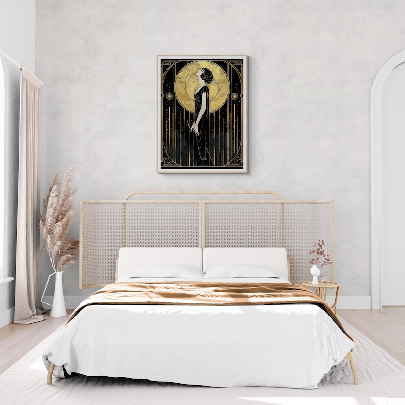 Statement Wall Art Vintage Woman Print Black Gold Illustration Art Deco Design Retro Lady Portrait Elegant Bedroom Accent Living Room Focal Point Office Wall Hanging Modern Luxury Interior Styling Glamour Artwork Timeless Sophisticated
