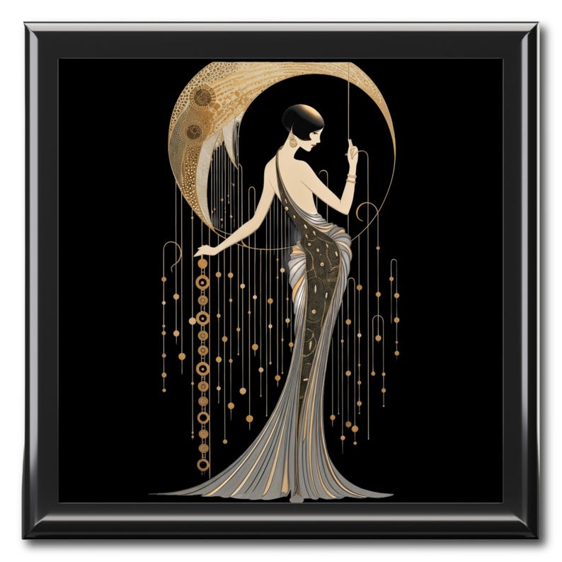 Storage Container Jewelry Organizer Black Box Collection Art Deco Design Woman Figure Illustration Gold Accent Details Elegant Keepsake Holder Dresser Top Accessory Vanity Table Display Vintage Style Appearance Glossy Finish Surface