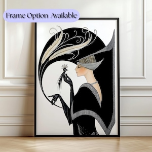 May include: A vertical art print featuring a stylised illustration of a person in a black dress and hat with white feathers, holding a small bird. The text Frame Option Available is displayed in a light purple oval at the top left corner.