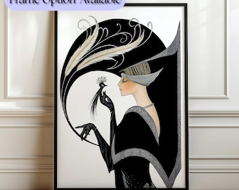 Art Deco Print Flapper Girl Illustration 1930s Black White Wall Art Erte Influence Vintage Living Room Accent Gatsby Style Poster Jazz Age