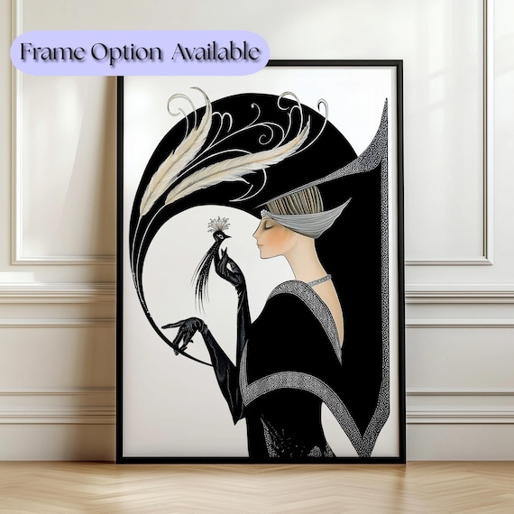Art Deco Print Flapper Girl Illustration 1930s Black White Wall Art Erte Influence Vintage Living Room Accent Gatsby Style Poster Jazz Age