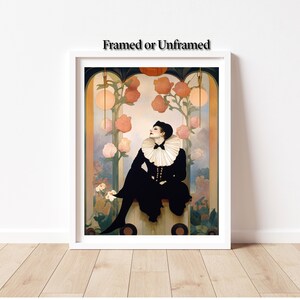 Puede incluir: Una lámina de arte enmarcada o sin enmarcar que muestra a una persona con traje negro y un gran cuello de volantes blanco, sentada entre rosas rosadas y lámparas de globo colgantes. El texto "Framed or Unframed" aparece en la parte superior.