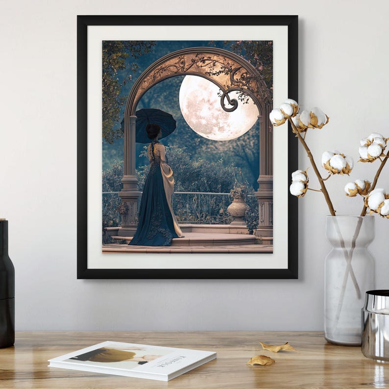 Blue Gold Vintage Art Print Romantic Wall Hanging Art Nouveau Style Elegant Bedroom Statement Maximalist Interior Accent Couple Illustration Classical Historical Scene Ornate Design Perfect Home Gallery Beautiful Romantic Collection Premium