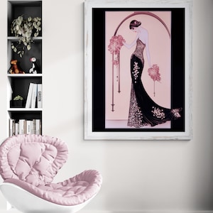 Vintage Giclee Portrait Print Art Deco Pink Lady Illustration 1920s Fashion Figure Drawing Poster Feminine Bedroom Wall Art Gift Women Roaring Twenties Era Style Classic Retro Aesthetic Premium Quality Paper Elegant Home Gallery Display