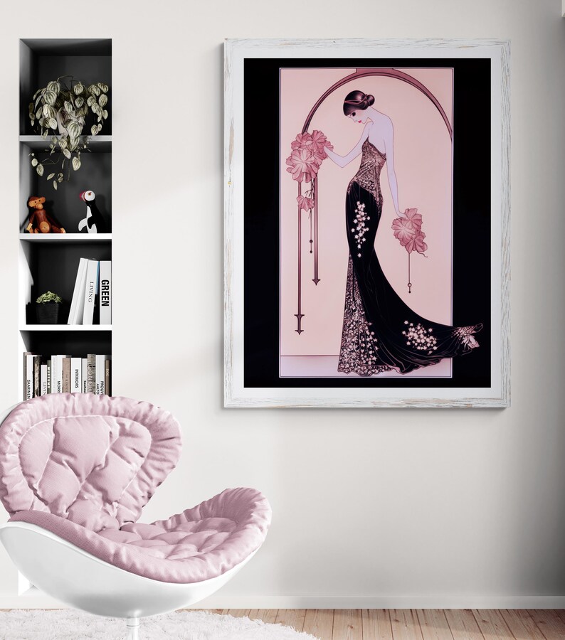 Vintage Giclee Portrait Print Art Deco Pink Lady Illustration 1920s Fashion Figure Drawing Poster Feminine Bedroom Wall Art Gift Women Roaring Twenties Era Style Classic Retro Aesthetic Premium Quality Paper Elegant Home Gallery Display