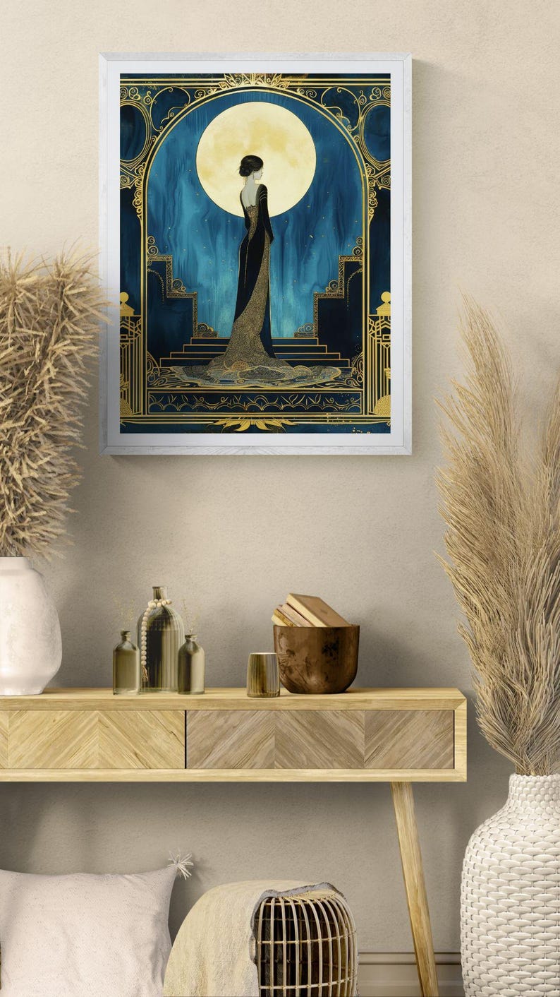 Large Art Deco Wall Art Illustration Vintage Art Print Blue Gold Print Woman Portrait Illustration Elegant Bedroom Hanging Luxury Home Gift image 18