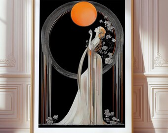 Art Nouveau Print Vintage 1890s Inspired Celestial Goddess Wall Moon Woman Ornate Linework Antique Style Collector Gallery Hanging