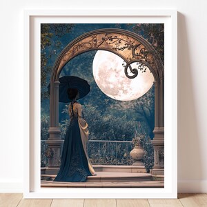 Art Nouveau Print of Vintage Inspired Romantic Scene Print Statement Art Piece Modern Home Decor with Blue and Gold Accents Bedroom Wall Art