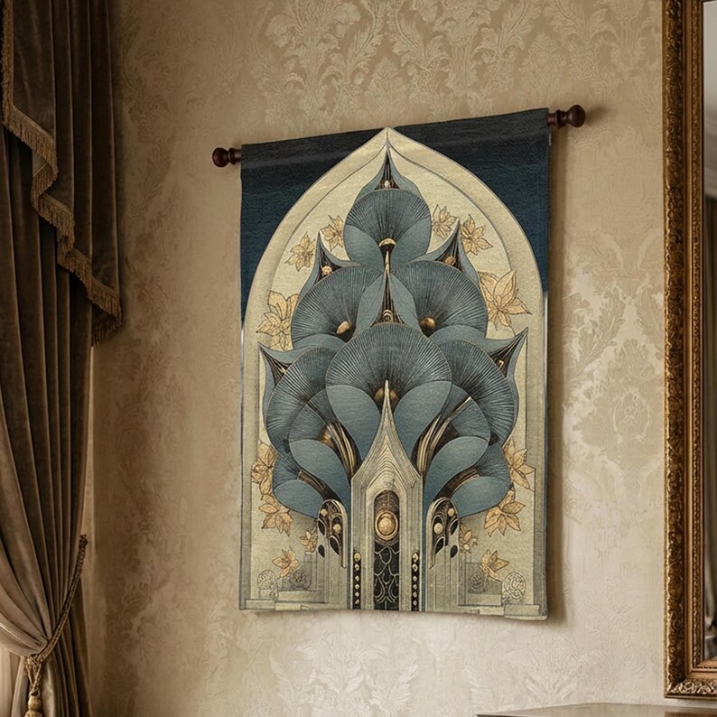 Sophisticated textile wall art inspired by Art Nouveau curves and Deco symmetry for elegant interiors