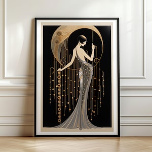 Home Decor Art Print Vintage Art Deco Woman Silver Dress Design Gold Geometric Details Framed Wall Display Classic Interior Accent Beautiful Room Addition Elegant Style Statement Piece Modern Home Collection Bedroom Wall Art