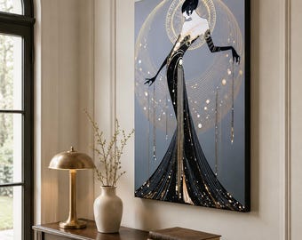 Glamorous Woman Canvas Wall Art Art Deco Fashion Portrait Black Gold Celestial Artwork Vintage Glamour Bedroom Dressing Room Elegant Decor