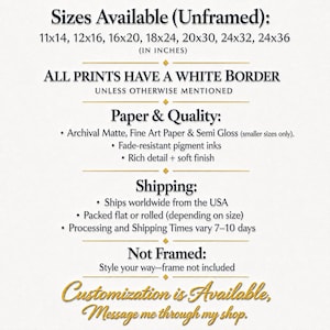 May include: An informational graphic on a white background with dark blue and gold text. It lists available unframed print sizes in inches from 11x14 to 24x36, notes a white border, specifies archival matte, fine art, and semi-gloss paper, and mentions fade-resistant pigment inks.