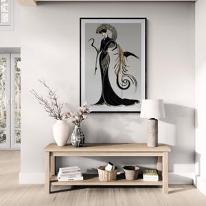 Art Nouveau inspired illustration of an elegant woman in a flowing black gown with silver and gold detailing, holding a graceful crane bird, framed by an ornate crescent halo and organic swirling motifs.
