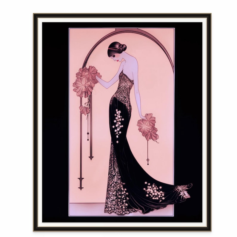 Art Deco Lady Illustration Print Vintage Pink Fashion Figure Drawing Poster Feminine Wall Art Gift Women Bedroom Gallery Display 1920s Roaring Twenties Era Style Giclee Portrait Reproduction Premium Quality Archival Paper Classic Retro