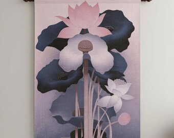 Woven Lotus Wall Tapestry | Art Nouveau Floral Wall Hanging | Pink Navy Botanical Textile Art | Romantic Bedroom Decor Statement Wall Art