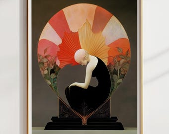 Wall Art Print Art Deco Woman Portrait Vintage Style Orange Fan Botanical Artwork Living Room Accent Bedroom Gallery Wall Statement