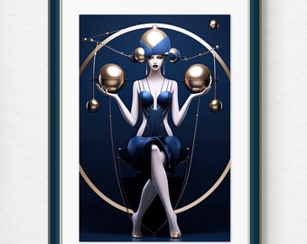 Vintage Art Deco Print of Futurist Woman Balancing Gold Balls | Retro Wall Art | Choice of Semi Gloss or Matte Archival Paper