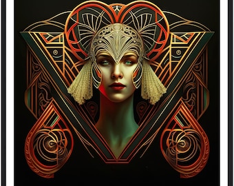 Art Nouveau Wall Art Square Giclée Print Geometric Woman Portrait Vintage Glamour Maximalist Decor Living Room Bedroom Statement Artwork