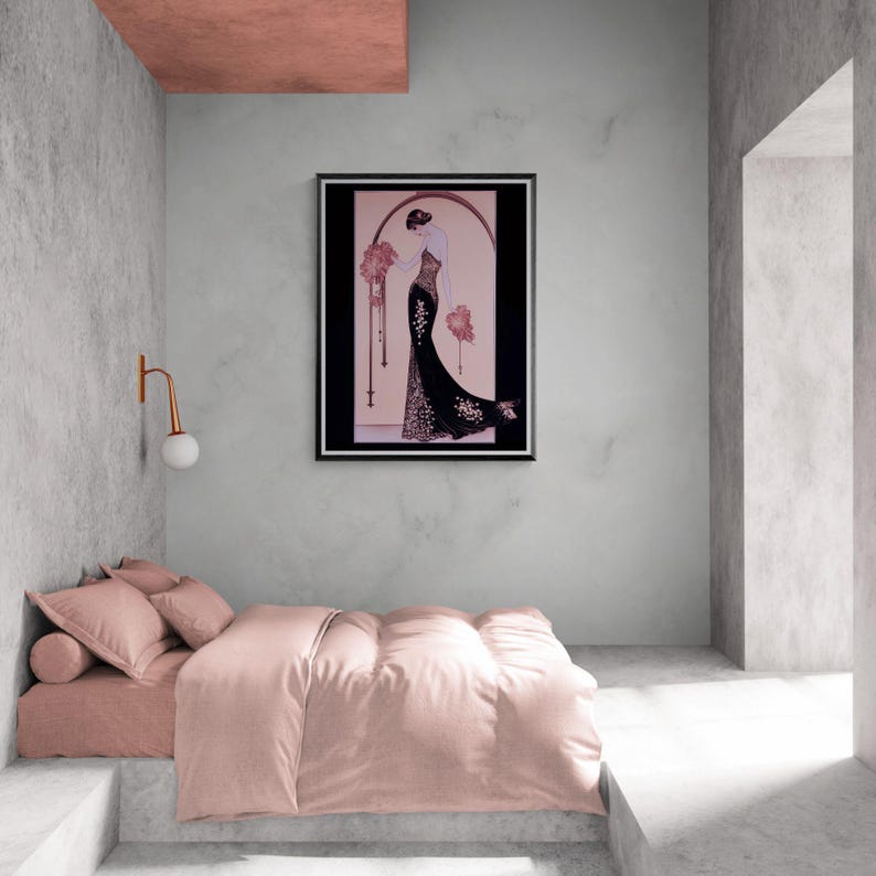 Pink Art Deco Illustration Lady Print Vintage Giclee Portrait Artwork 1920s Bedroom Wall Gift Women Fashion Figure Drawing Print Feminine image 15