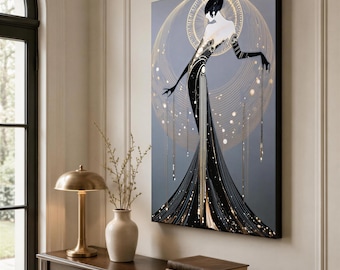 Glamorous Woman Canvas Wall Art | Art Deco Fashion Portrait | Black Gold Decor | Vintage Bedroom Print