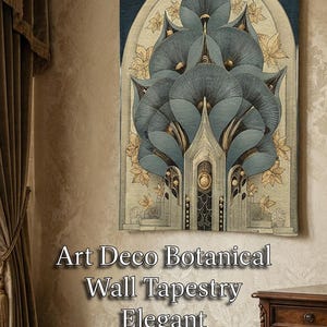 Art Deco botanical wall tapestry with a blue and gold floral design. The tapestry features the text "Yarie Design Timeless Art" and the Botanical Wall Tapestry Elegant Art Nouveau Inspired Statement Wall Decor".