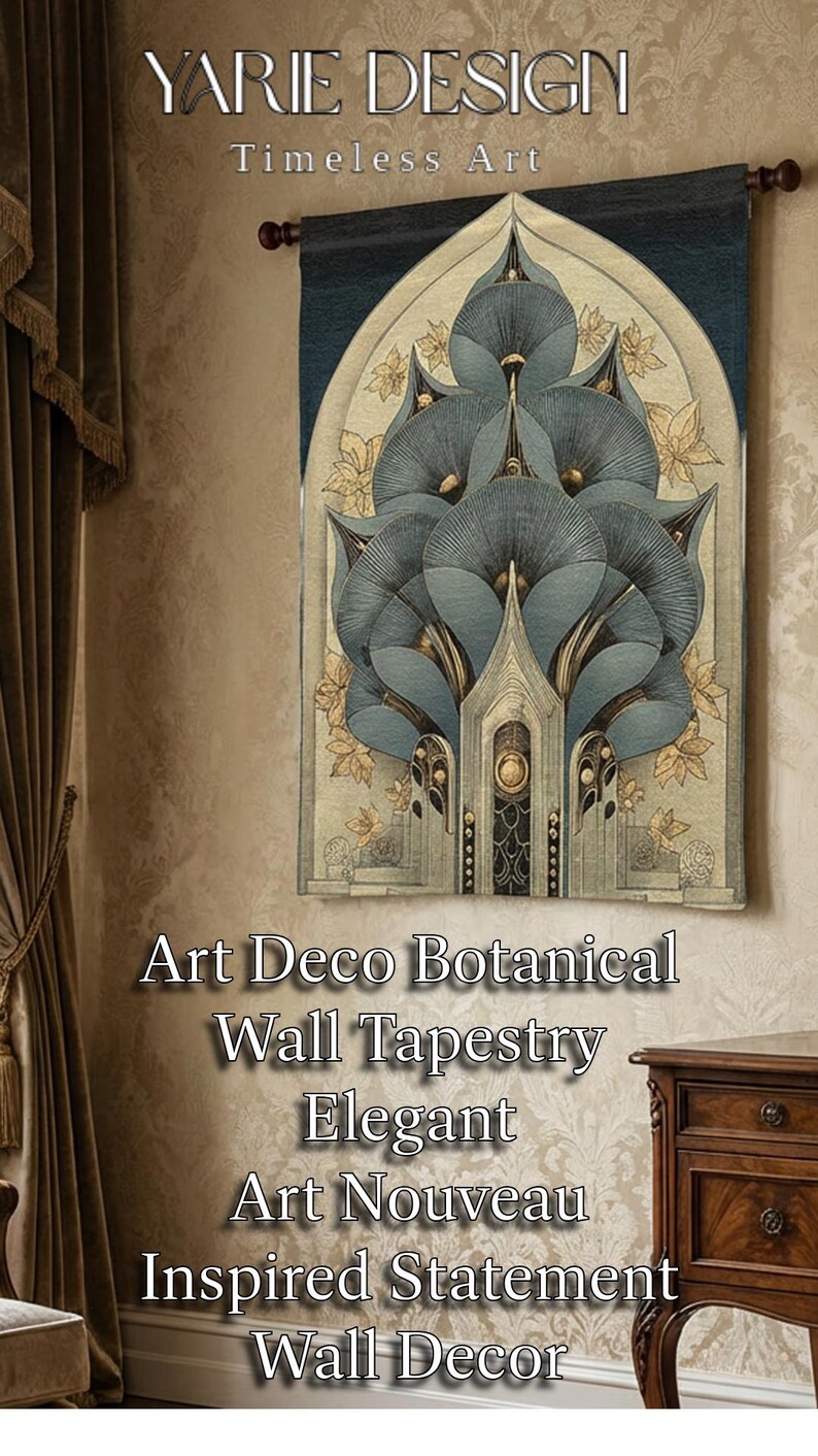 Art Deco botanical wall tapestry with a blue and gold floral design. The tapestry features the text "Yarie Design Timeless Art" and the Botanical Wall Tapestry Elegant Art Nouveau Inspired Statement Wall Decor".