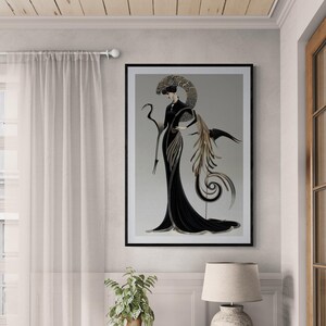 Art Nouveau wall art featuring elongated female figure in dramatic black dress with metallic embellishments, stylized crane, and intricate curved scrollwork in gold and silver tones.