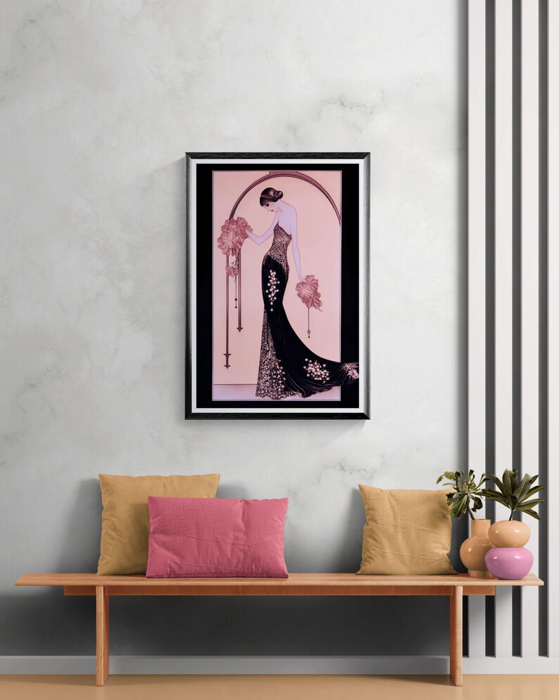 Pink Art Deco Illustration Lady Print Vintage Giclee Portrait Artwork 1920s Bedroom Wall Gift Women Fashion Figure Drawing Print Feminine image 18