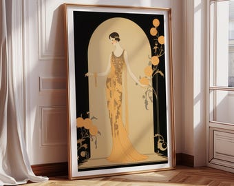 Impression d'art des années 30 inspirée d'une figure féminine, tons jaunes-verts, impressions décoration de la maison, décoration murale unique, look vintage, style art déco traditionnel