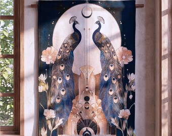 Woven Art Nouveau Wall Hanging, Dark Romantic Floral Tapestry - Peacock Textile Art, Bedroom Decor  Statement Piece