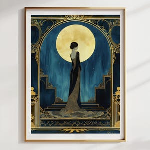 Art Deco Wall Art Illustration Vintage Print Blue Gold Woman Portrait Elegant Black Gown Golden Moon Design Luxury Bedroom Hanging Statement Piece Large Format Gallery Display Premium Quality Fine Art Paper Sophisticated Home Styling Ornate