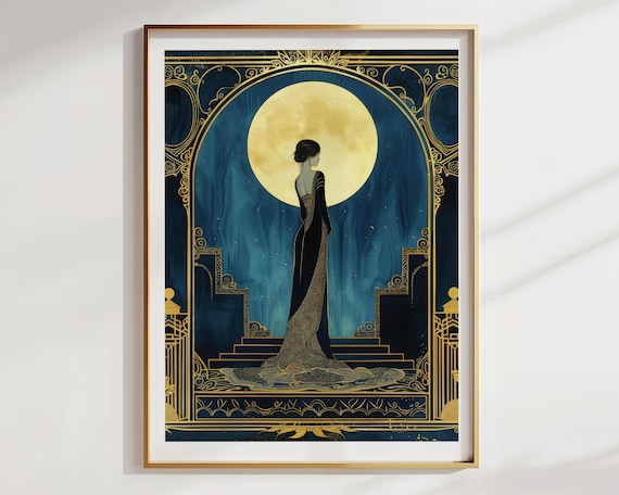 Large Art Deco Wall Art Illustration Vintage Art Print Blue Gold Print Woman Portrait Illustration Elegant Bedroom Hanging Luxury Home Gift