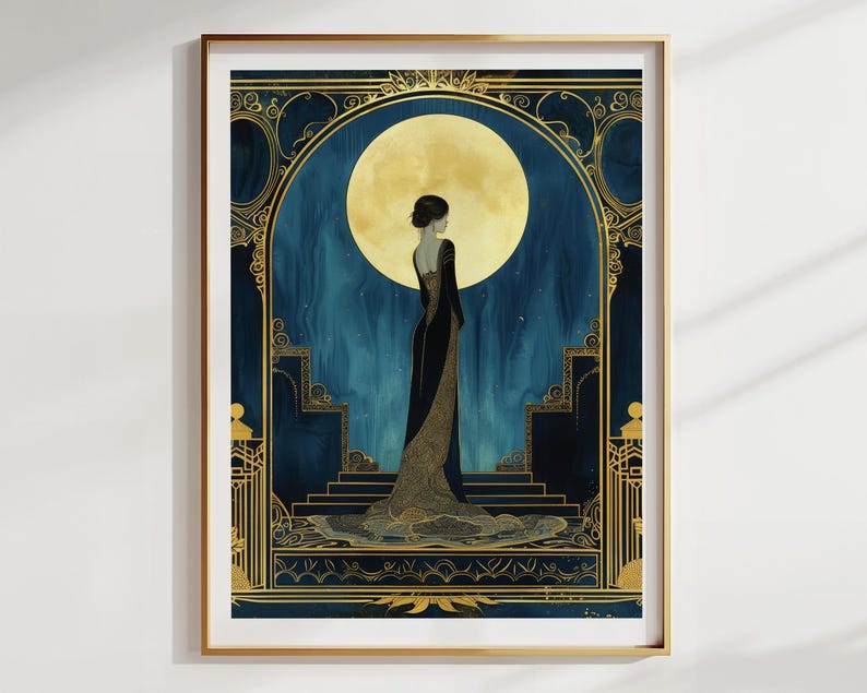 Art Deco Wall Art Illustration Vintage Print Blue Gold Woman Portrait Elegant Black Gown Golden Moon Design Luxury Bedroom Hanging Statement Piece Large Format Gallery Display Premium Quality Fine Art Paper Sophisticated Home Styling Ornate