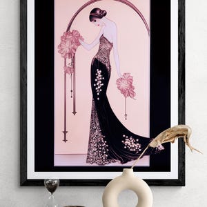 Fashion Figure Drawing Print Vintage Art Deco Pink Lady Portrait Illustration Feminine Wall Art Gift Women Bedroom Gallery Display 1920s Roaring Twenties Style Giclee Reproduction Premium Quality Paper Classic Retro Aesthetic Elegant Home