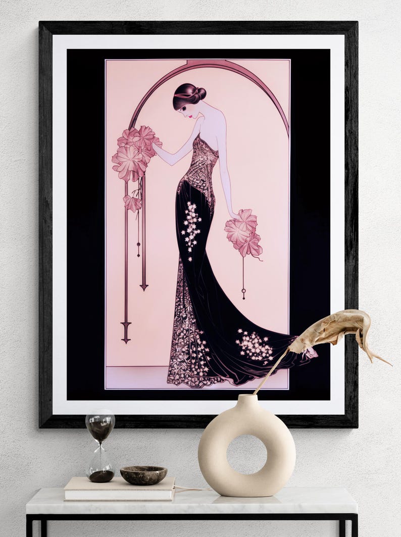 Fashion Figure Drawing Print Vintage Art Deco Pink Lady Portrait Illustration Feminine Wall Art Gift Women Bedroom Gallery Display 1920s Roaring Twenties Style Giclee Reproduction Premium Quality Paper Classic Retro Aesthetic Elegant Home