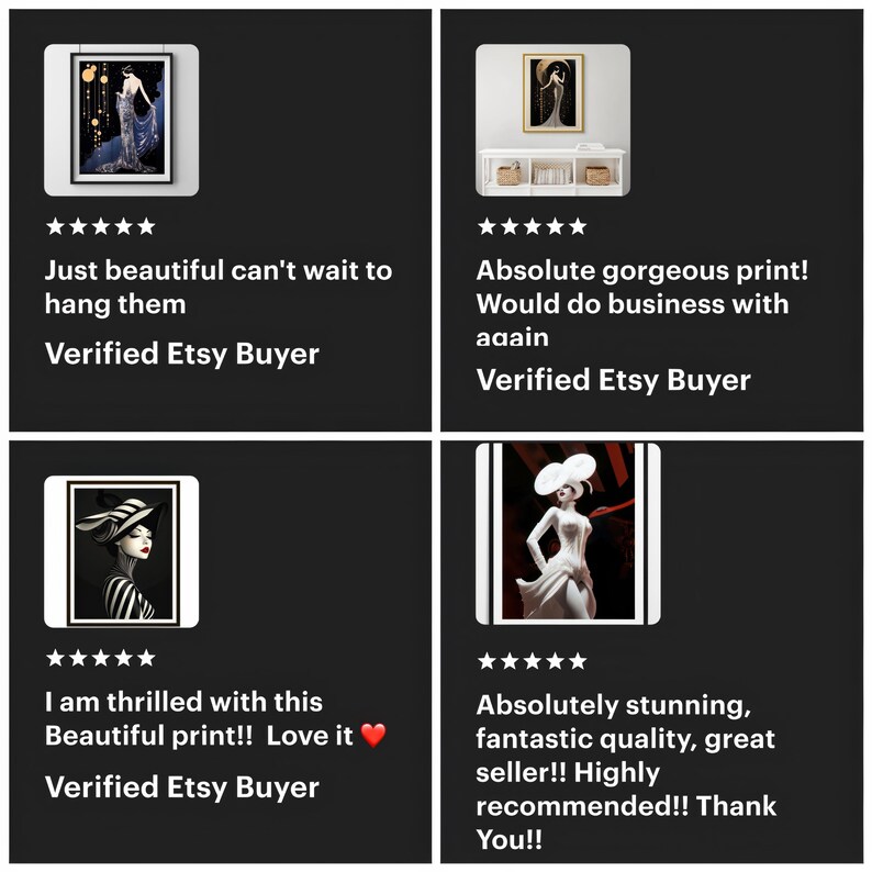 May include: A collection of four framed art prints. Each print features a different elegant woman in a stylish pose. The prints are displayed against a dark background, with customer reviews and ratings below each image.