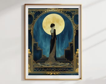 Woman Portrait Print Art Deco Wall Art Blue Gold 1920s Glamour Full Moon Vintage Style Bedroom Dressing Room Parisian Decor