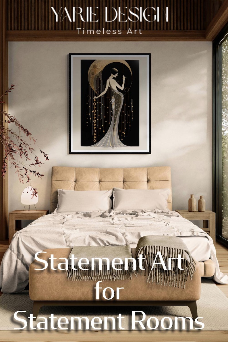 May include: A bedroom scene featuring a framed art print with a woman in an Art Deco style dress. The print hangs above a bed with a beige headboard and neutral-toned bedding. The text "Statement Art for Statement Rooms" is visible.
