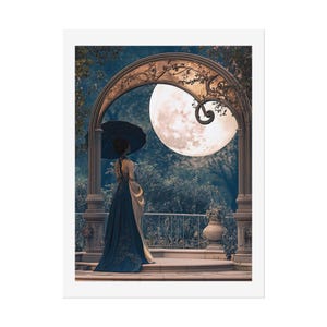 Elegant moonlit garden scene featuring a woman in a flowing midnight blue gown standing beneath an ornate Art Nouveau archway, holding a black parasol while gazing toward an oversized glowing full moon surrounded by soft blue foliage and romantic evening light.