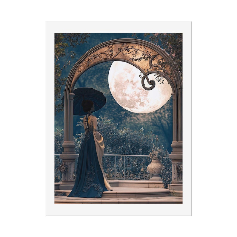 Elegant moonlit garden scene featuring a woman in a flowing midnight blue gown standing beneath an ornate Art Nouveau archway, holding a black parasol while gazing toward an oversized glowing full moon surrounded by soft blue foliage and romantic evening light.