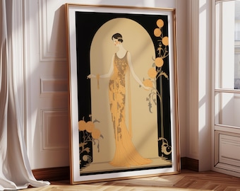 May include: A framed vertical art print featuring a stylized illustration of a person in a long, flowing yellow gown with intricate black lace detailing. The figure stands within a golden archway against a black background, surrounded by orange floral motifs.