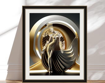 Affiche géométrique unique style Art déco rétro, impression giclée, accents or et argent, illustration géométrique, décoration murale moderne pour chambre, cadeau de pendaison de crémaillère.